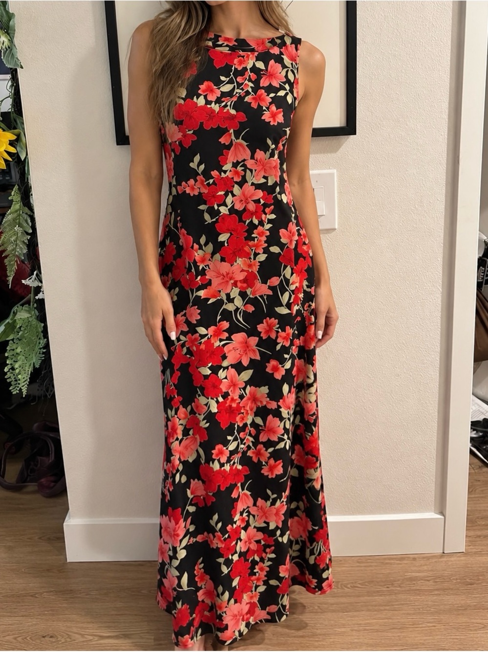JM Collection Black Maxi Dress with Red Floral Print